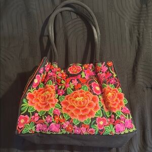 Floral Embroidered Black Tote Bag